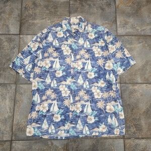 Vintage 90s Pierre Cardin Men's Large Floral Hawaiian Sailboat Button Up Shirt